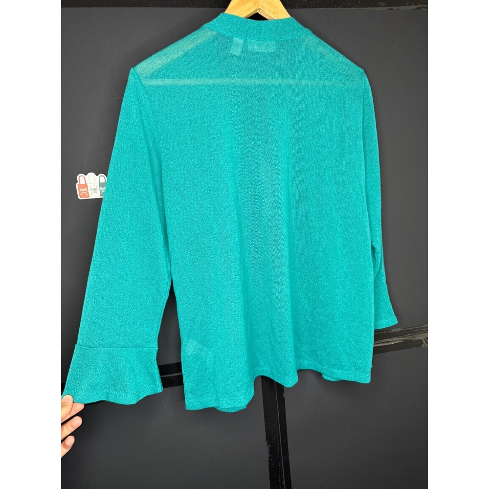 Susan Graver Novelty Knit Open Front 3/4-Flounce Sleeve Cardigan Teal T: M #43" - Picture 5 of 6